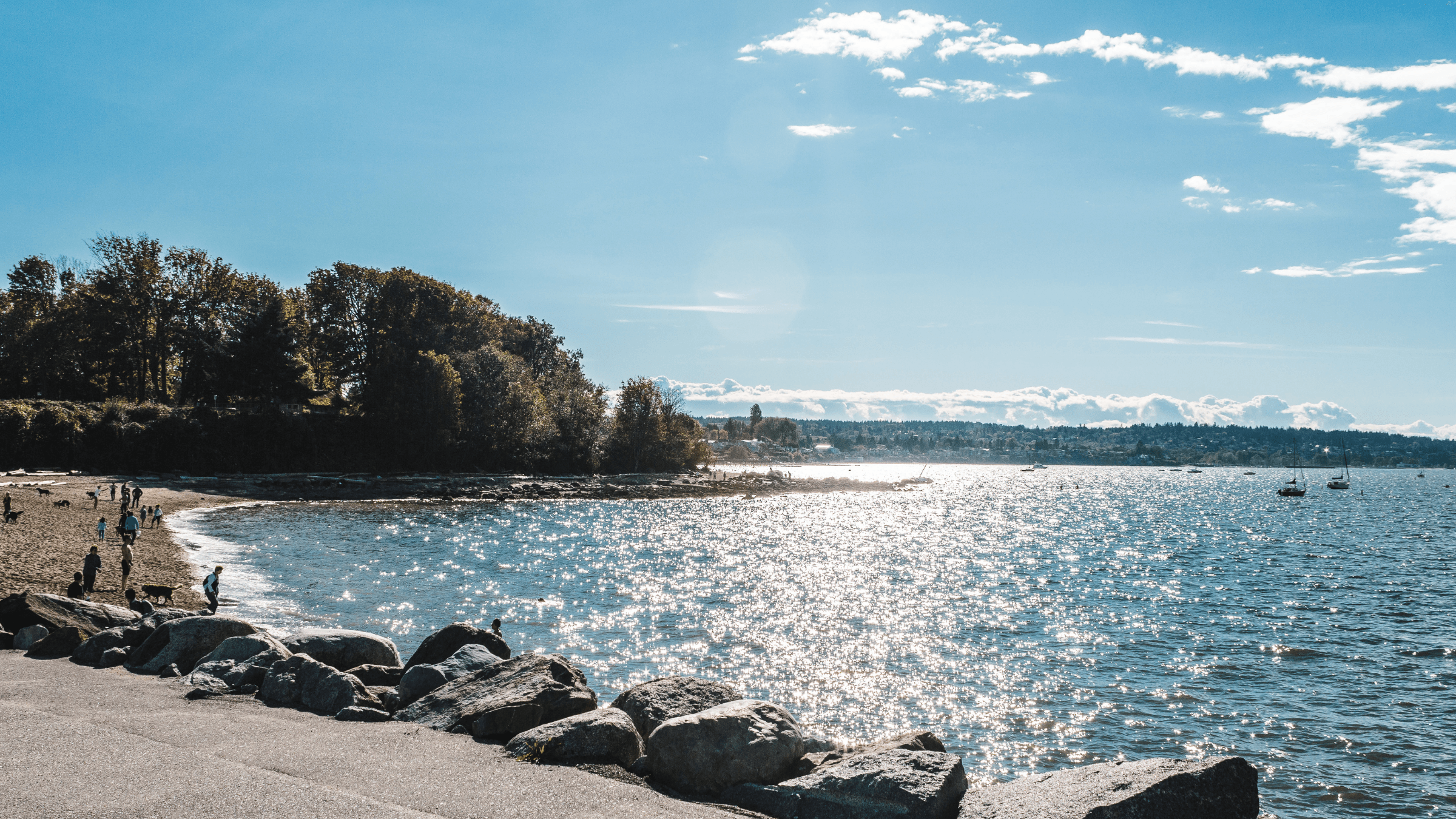 Seaside walking path along Kitsilano Beach with downtown Vancouver in the distance