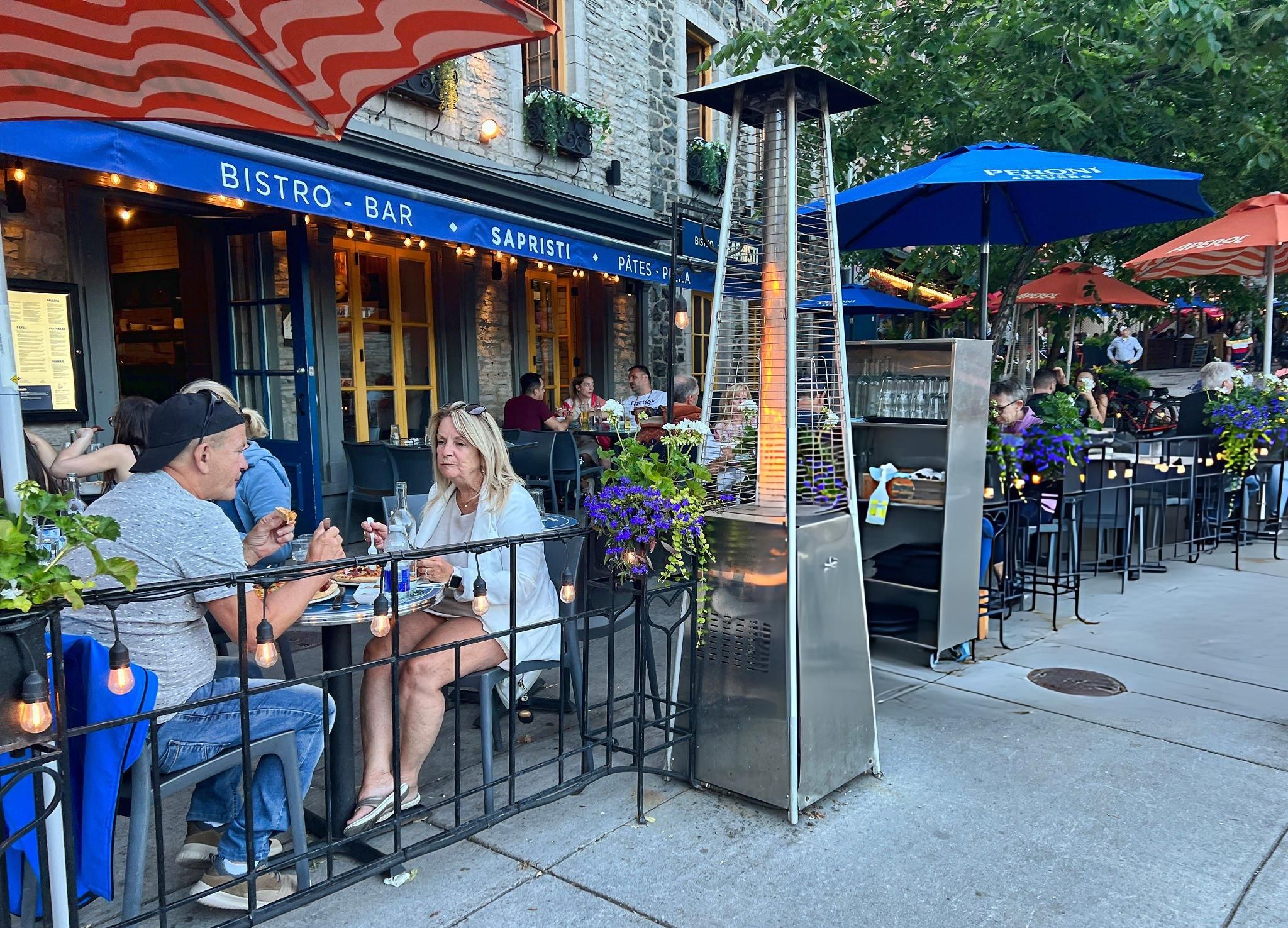 Outdoor restaurant patio during an early evening date