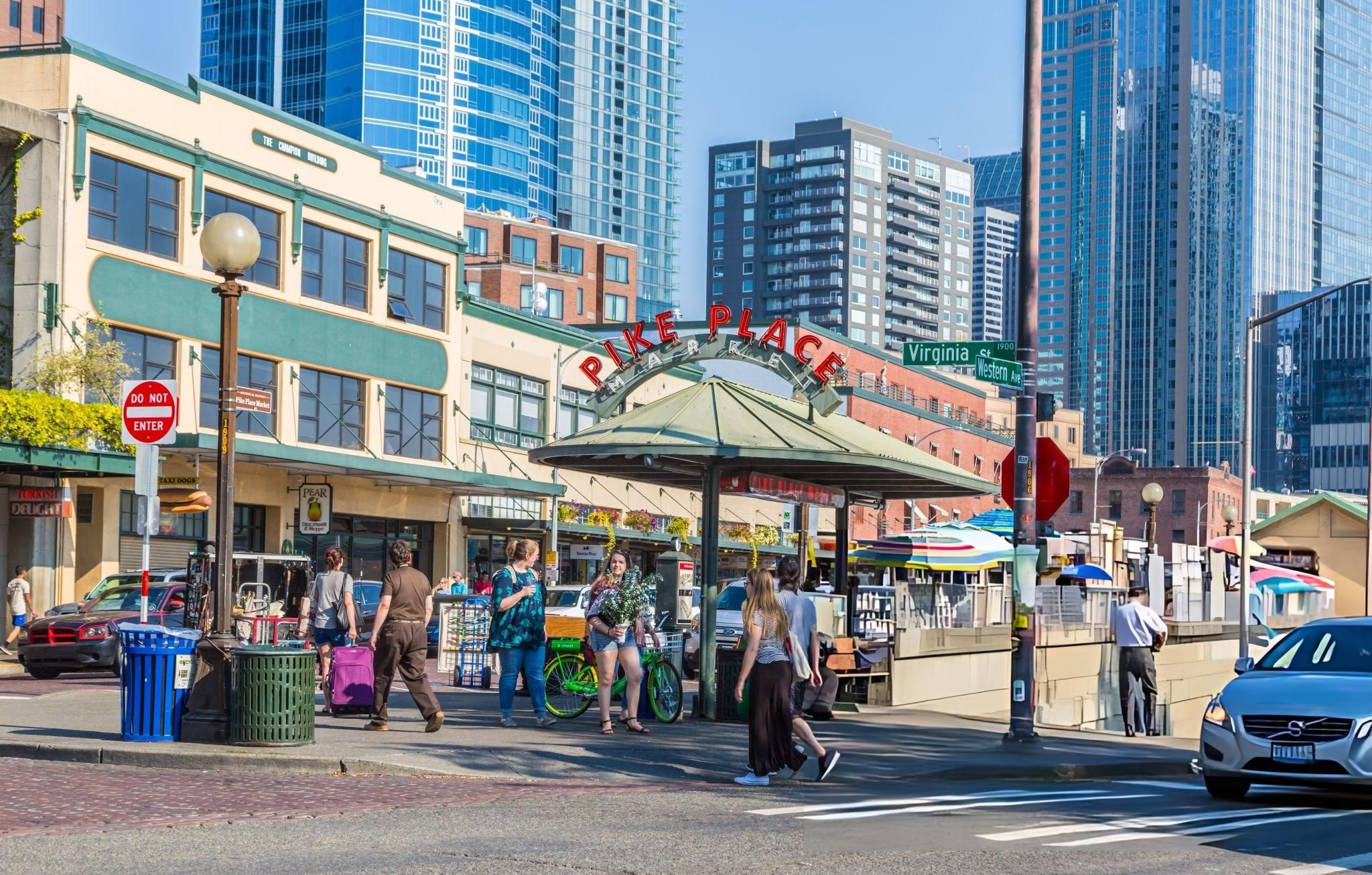 Seattle Waterfront shops and pedestrians near Pike Place Market